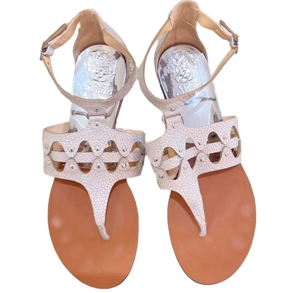 Vince Camuto gladiator leather sandal metalllic champagne silver flat wedge 7.5 - Picture 4 of 10